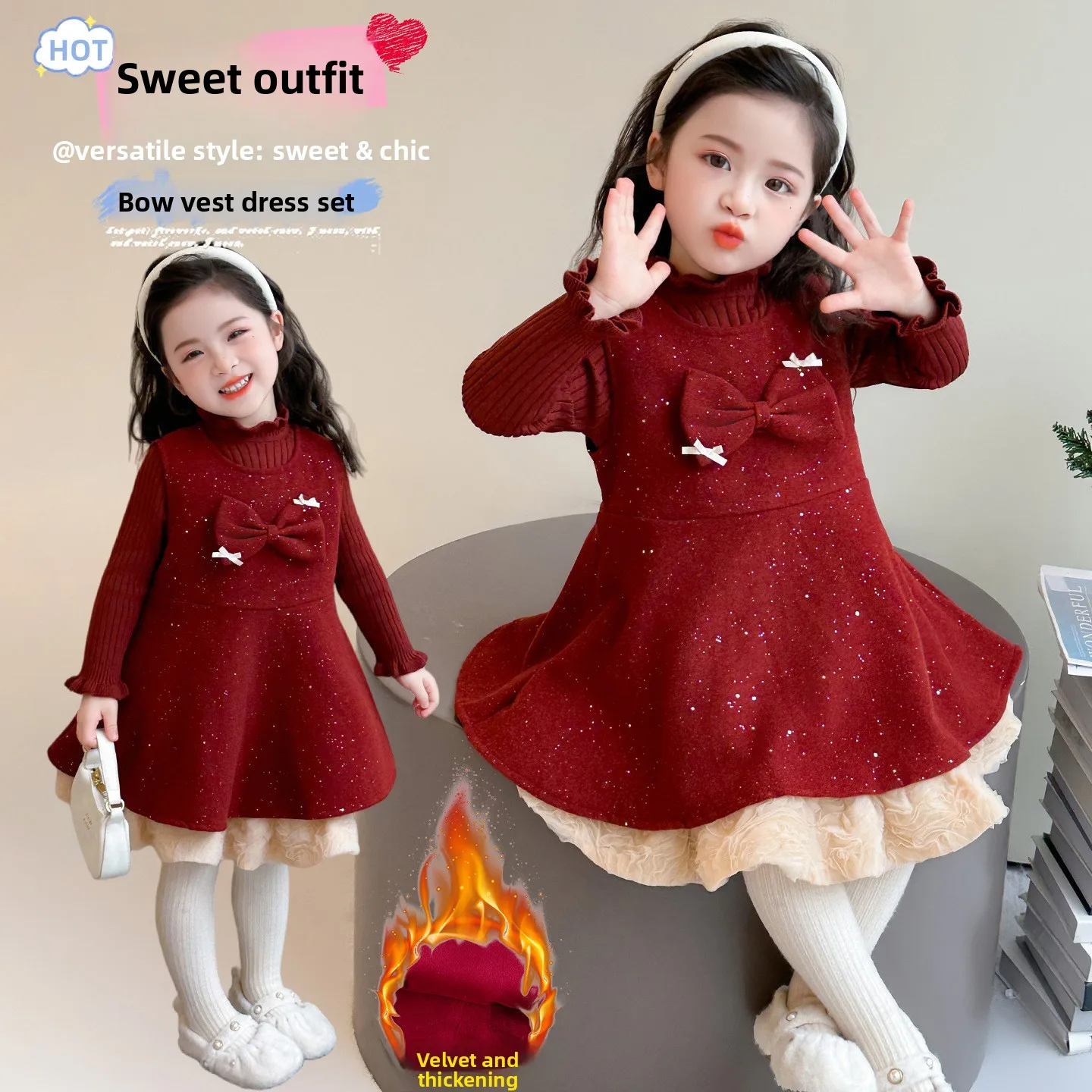 Girls' Super Beautiful Dress Set Autumn/Winter 2025 New Style Girls' Velvet Winter Red New Year's Dress