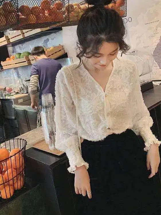 

Ele Long Sve Chiffon irt Women's Spring Autumn Design Hong Kong Sle Slimming Lace Ultra Fairy Top for Young Girls
