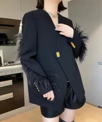 European Station New Item Niche Feathers Jacket Elegant Work Office Coat Socialite Fur Splicing V-neck Long Sleeved Suit Jacket