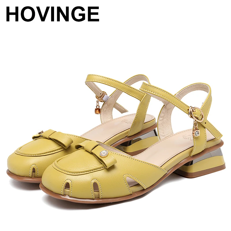 

New Genuine Leather Sandals Women Shoes Buckle Square Heels Summer Ladies Solid Color Party Wedding Shoes