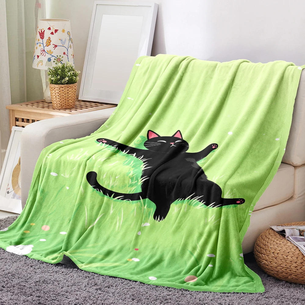 1PC Cute Black Cat Grass Print Blanket-Made of soft, fluffy flannel, perfect for a sofa or bed. Makes a great addition to your h