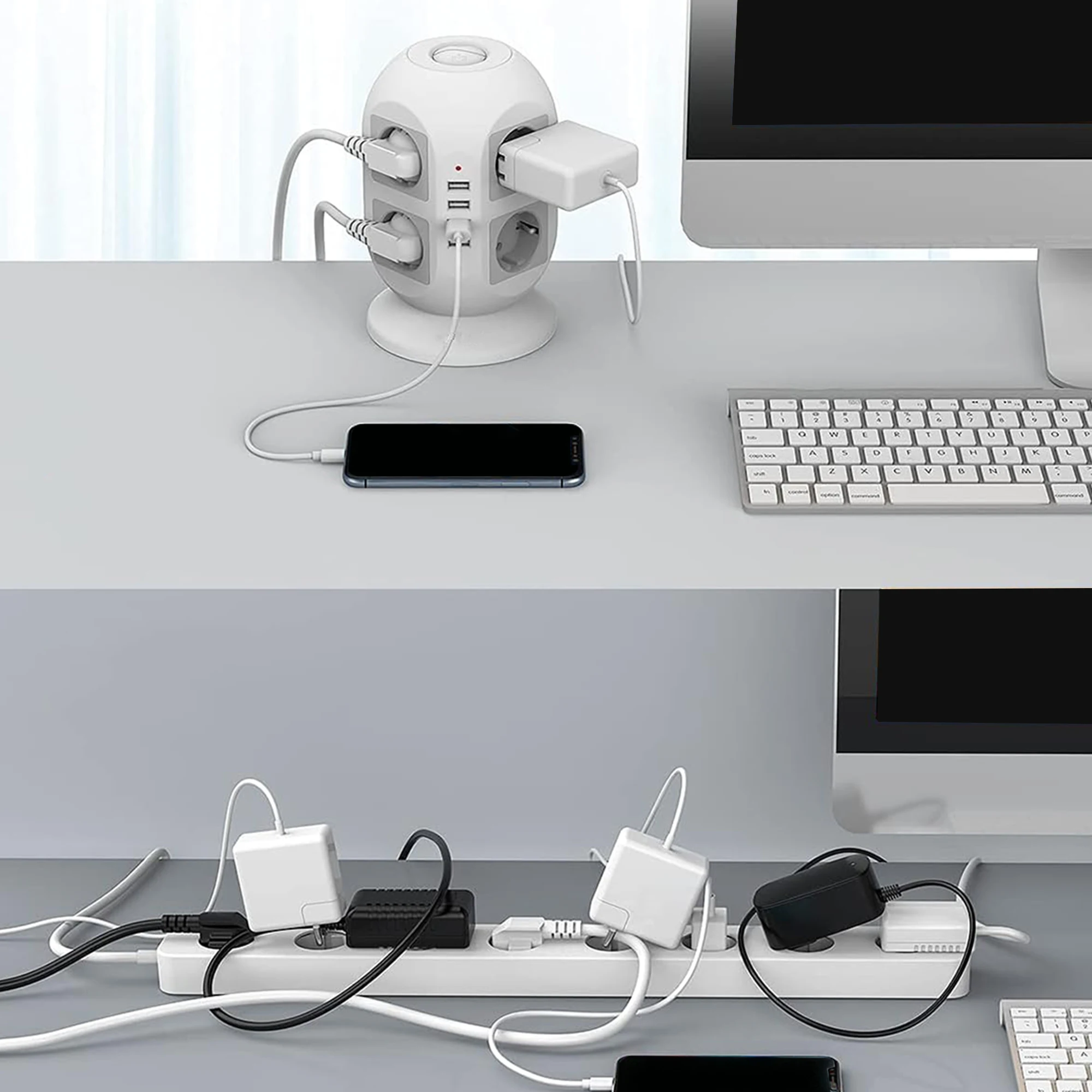 Tower Power Strip Multi Electrical Socket Adapter 8AC+4USB Port Fast Charge,6.5Ft Extension Cable Network Filter,For Home Office