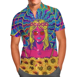 Hippie Girl With Sunflower Shirt 3D Hawaiian Shirt Men Summer Short Sleeve Shirt Men Shirts 2023 Oversized 5XL Chemise Homme