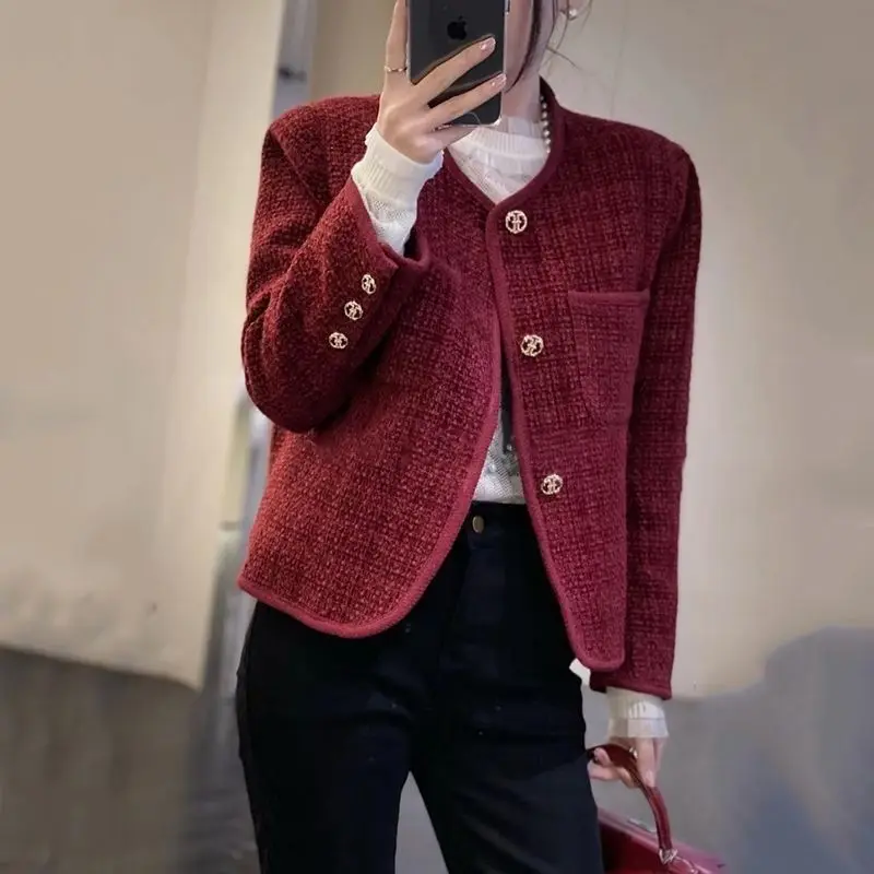 

Women 2024 New Spring Autumn Elegant Long Sleeve Loose Coats Female Tweed Cropped Jacket Ladies O-neck Solid Overcoats Q110