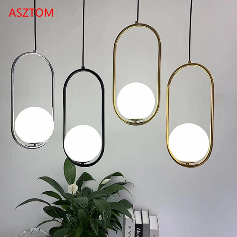 

Bedroom LED Glass ball Pendant lights Brass Black Gold Silver Metal Ring HangLamp Nordic Dining Kitchen Island Decor Luminaires