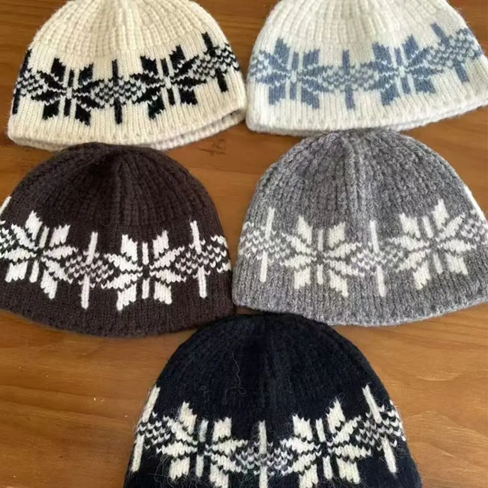 

Sweet Warm Jacquard Knitted Hat Wool Vintage Snowflake Beanies Korean Cute Printing Knit Cap Autumn