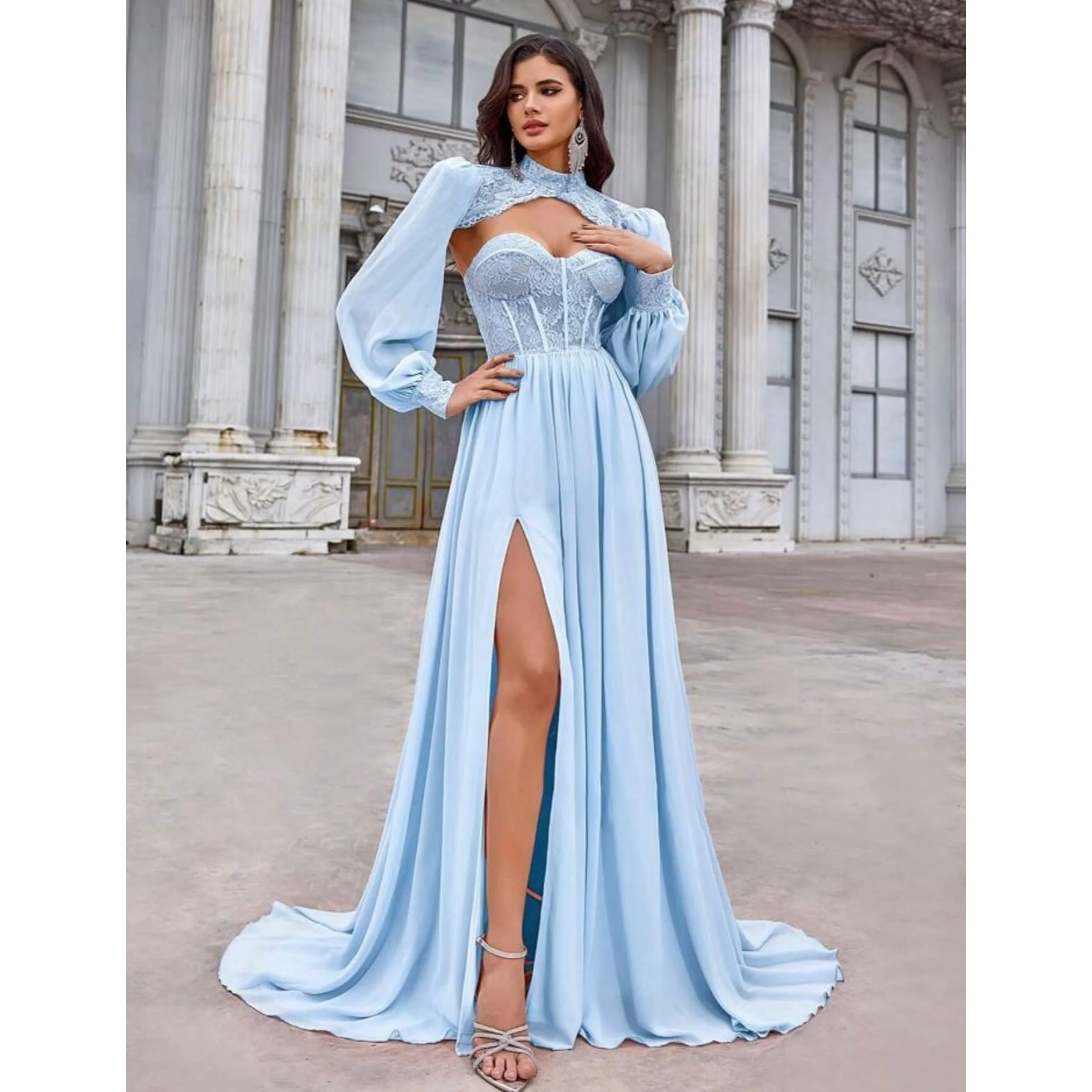 

Vintage Light Blue A Line Sweetheart Lace Vestido de Gala with Side Slit Customized Long Charming Chiffon Arabic Prom Gowns