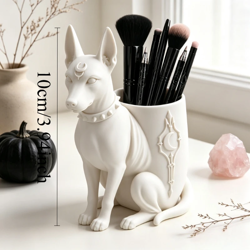 1-Pack 3D Relief Anubis Dog Makeup Brush Holder, Decor Ornament for Home Desktop, Spiritual Collectible Gift for Table Display