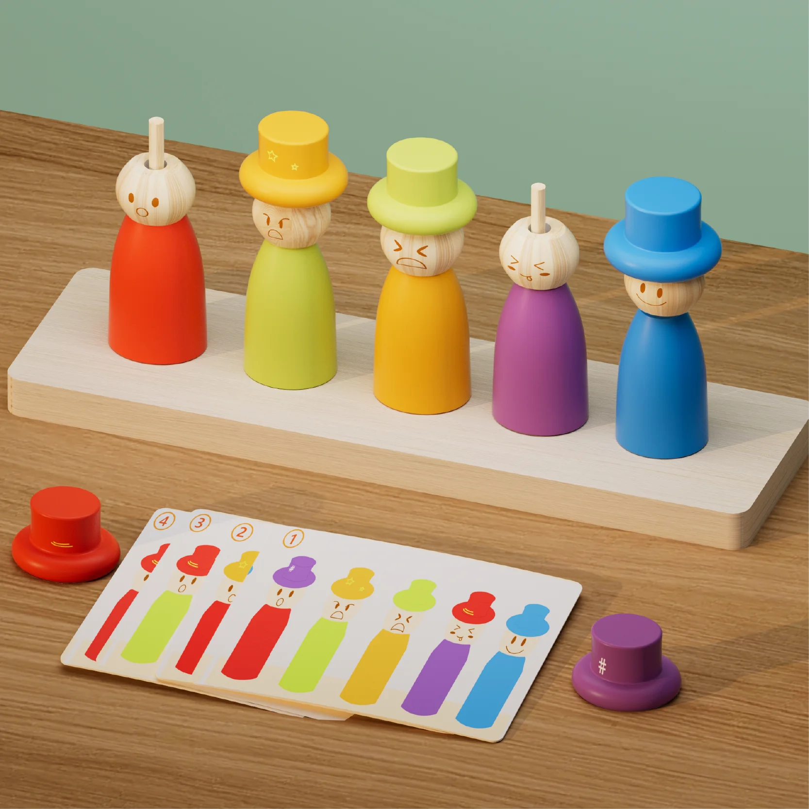 Puppet Color Matching Game - 5 Removable Hat Doll Toys With Challenge Cards Recognize Colors Develop Fine Motor Skills
