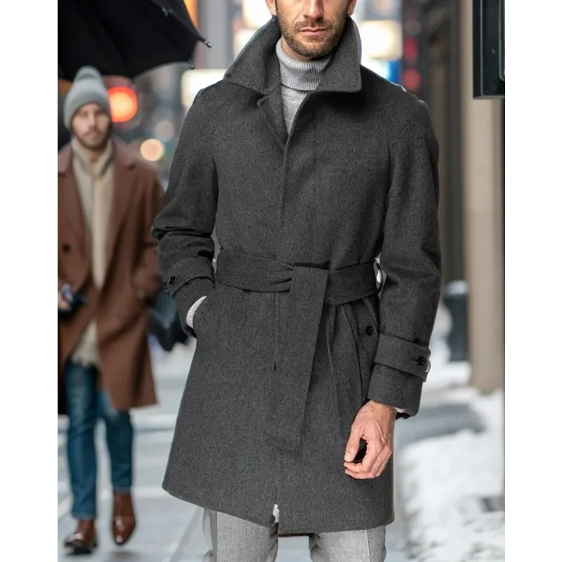 

2024 Men's Raglan Sleeve Coat Autumn and Winter New Mid Length Fashion Flip Collar Wool Coat Belt Casual Coat