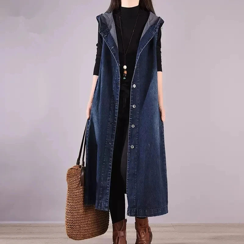 2023 Spring Autumn Vintage Denim Vest Women\'s Long Hooded Sleeveless Waistcoat Jacket Korean Large Size Jeans Windbreaker Coat