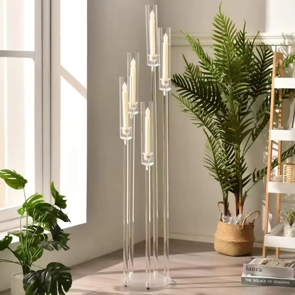 

2pcs 5-arm acrylic floor candle holders for wedding centerpieces, tall transparent candle holders for birthday ceremonies
