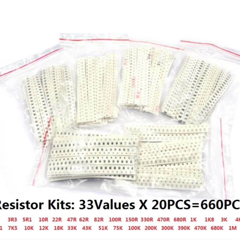 1206 0805 0603 SMD Resistor Kit Assorted Kit 1ohm-1M Ohm 1% 33valuesX 20pcs=660pcs Sample Kit