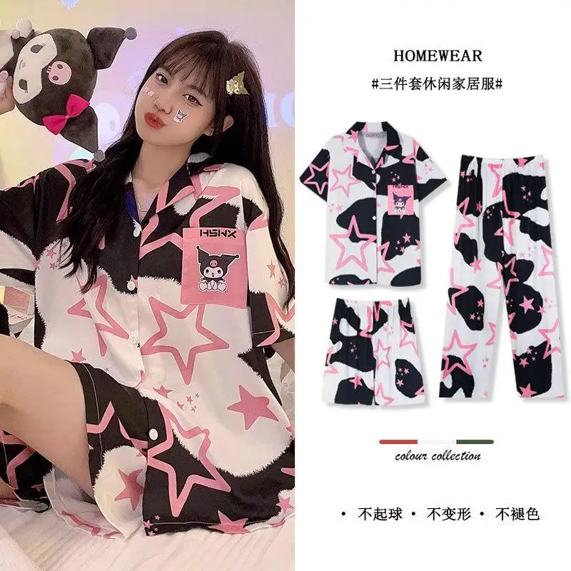 

Sanrio Girl Сексуальная футболка Брюки Пижамный костюм Kawaii Hello Kitty Аниме Kuromi Модные летние шорты Одежда для отдыха Костюм-тройка