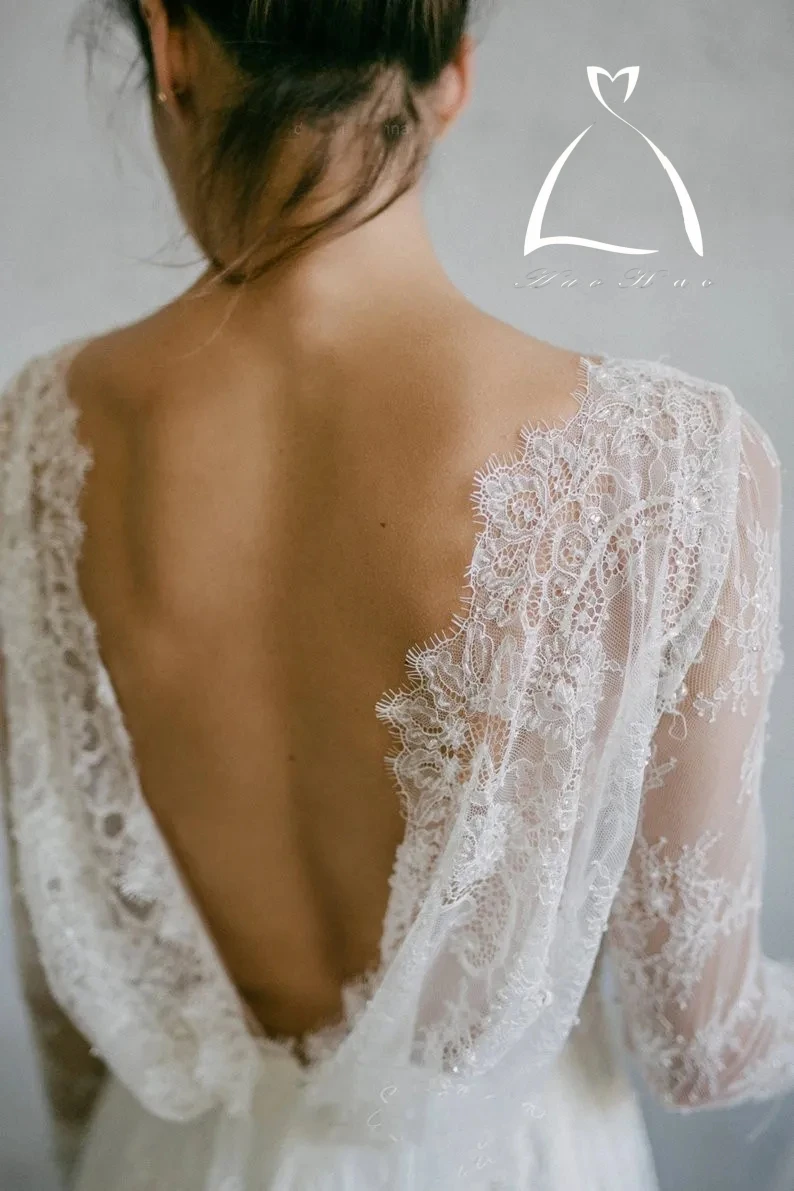 Amazing Long Sleeve Beach Full Lace Wedding Dresses Sexy Backless Country Boho Sheath Bridal Gowns V Neck Wedding Gowns