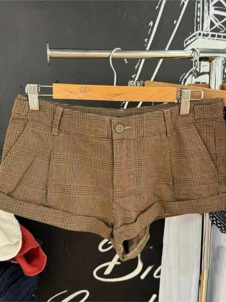 Retro marrom xadrez botão shorts feminino verão algodão casual solto elástico de cintura alta calças curtas vintage estilo preppy sweatshort