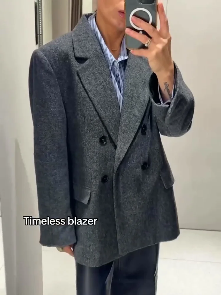 سترة صوفية رمادية أنيقة للنساء معطف فضفاض بأكمام طويلة وطية صدر السترة للسيدات موضة خريف 2025 معاطف للسيدات للمكتب #6