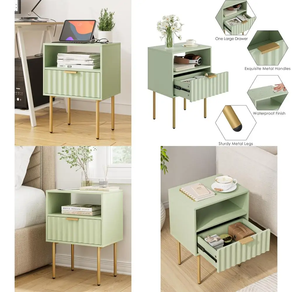 

Contemporary Drawer and Shelf Nightstand in Green with Gold Accents - Compact Bedroom and Living Room Side Table