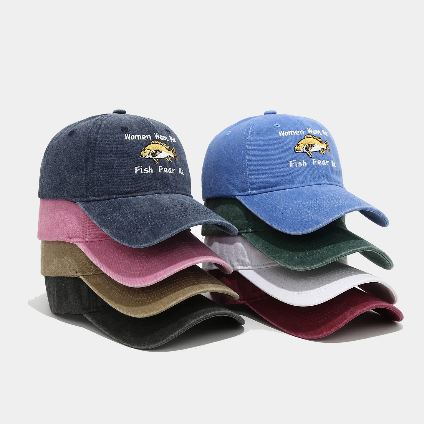 Custom Embroidery Washed Fishing Hat | WOMEN WANT ME FISH FEAR ME Funny Dad Hat Retro Distressed Baseball Cap
