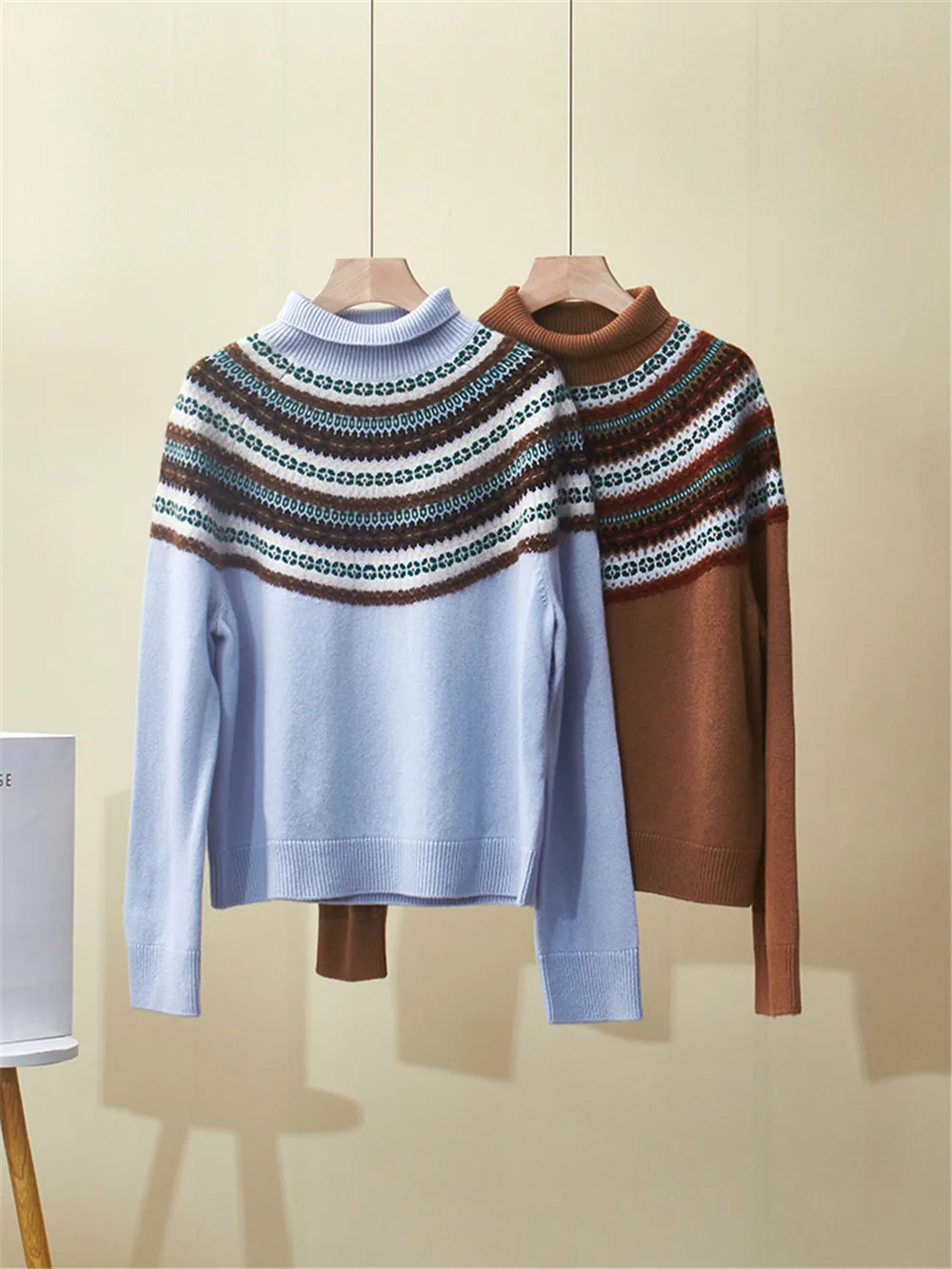 Winter Women's New Semi High Neck Jacquard Knitted Cashmere Pullover Sweater