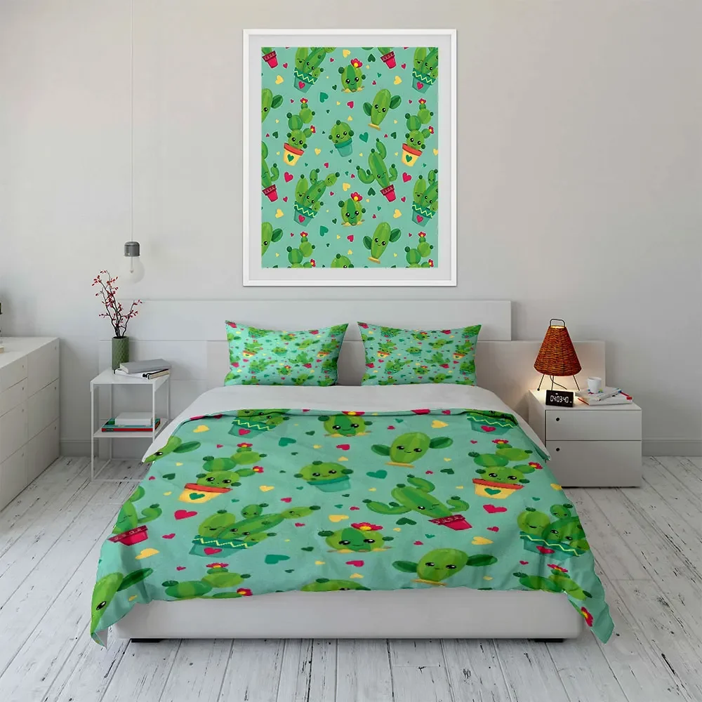Cute Cactus Print Three-Piece Set Multiple sizes kid's and adults' bedroom Exquisite 3PC bedding set, gift