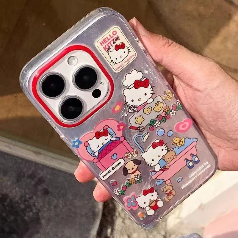 Luxury Cute Cartoon Daily Life Hello Kitty Protect Phone Case For iPhone 15 13 12 11 14 16 Pro Max Pink Hello Kitty Shake Holder