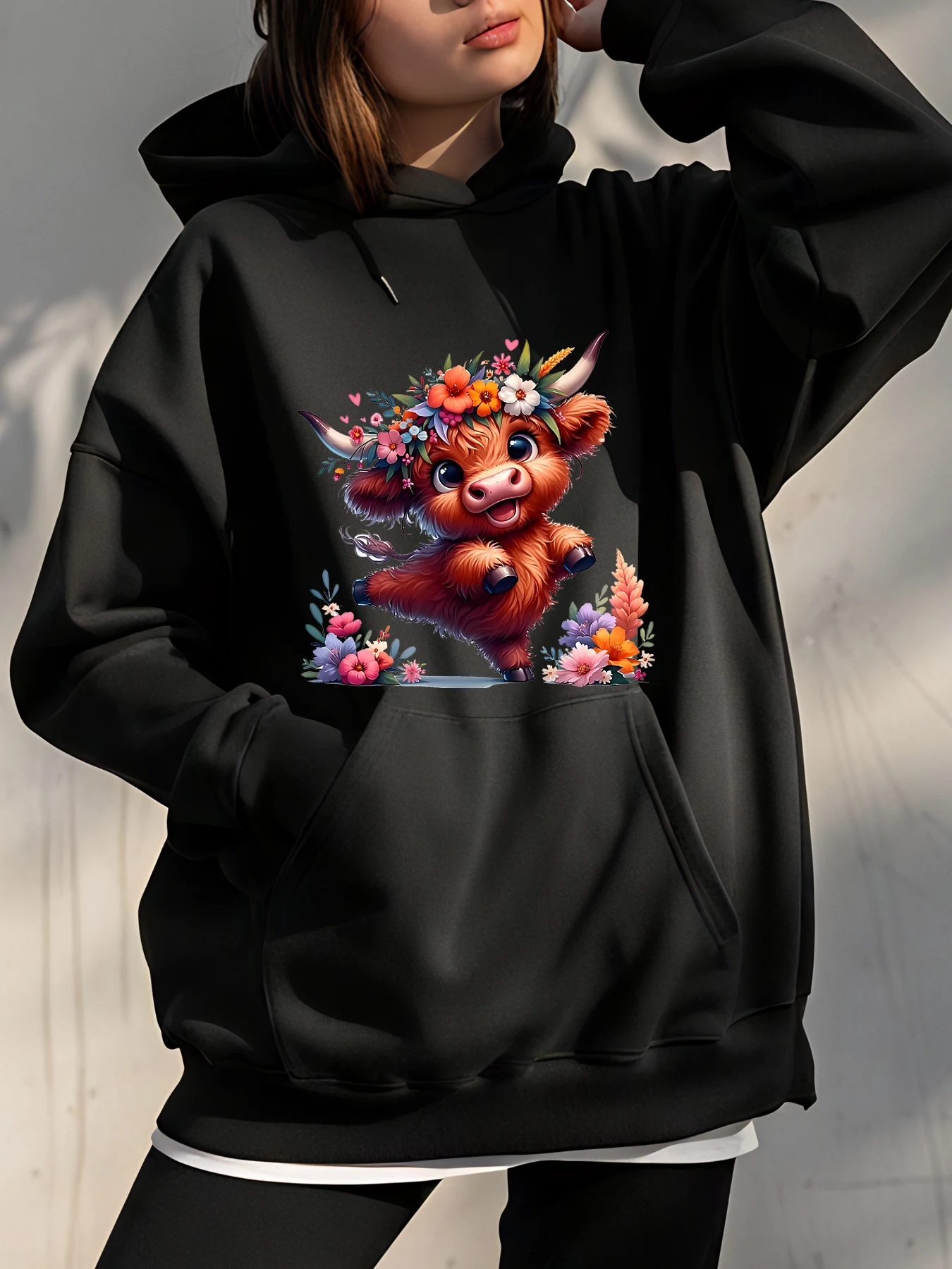 

Cute Cow Floral Print Hoodie Women's Casual Streetwear Sweatshirt Fashion Autumn Winter Outfit for Girls and Teens