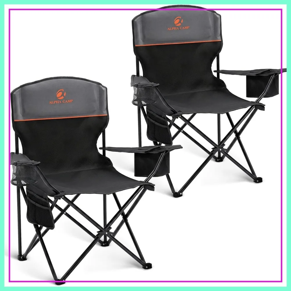 

350LBS Heavy Duty Folding Camping Chair with Cooler Bag, Cup Holder for Adults, Portable for Beach, Fishing, Tailgating