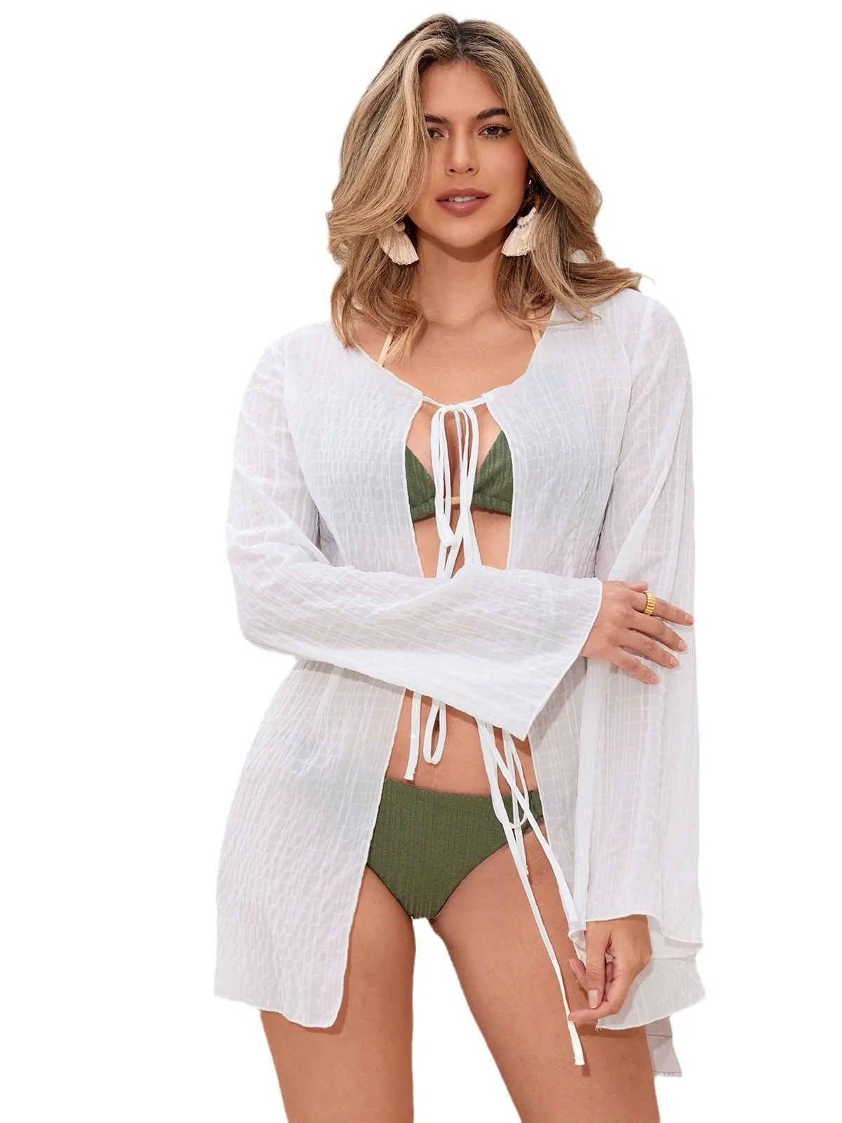 2025 جديد مثير الجوف خارج اللون بسيط المرأة شاطئ ملابس وقاية من الشمس عادية التعادل الخصر طويل Sve فضفاض الخصر #5