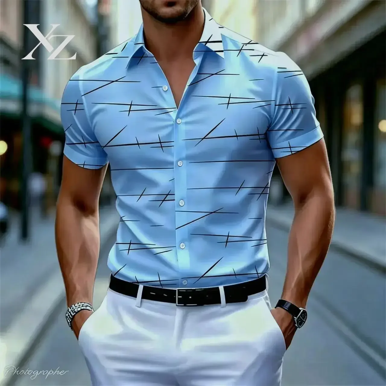 Hot Sale Men's Geometric Line Printed Short Sleeved Lapel Shirt Casual City Style Comfortable Fabric Multiple Colors
