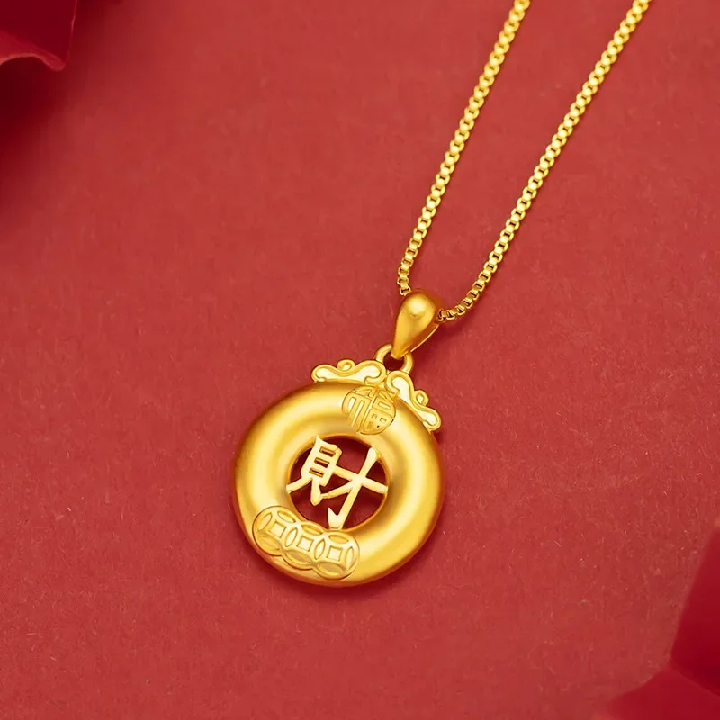 

9999 real gold 24K yellow gold Ping An Deduction Fu Cai Plate Pendant Necklace