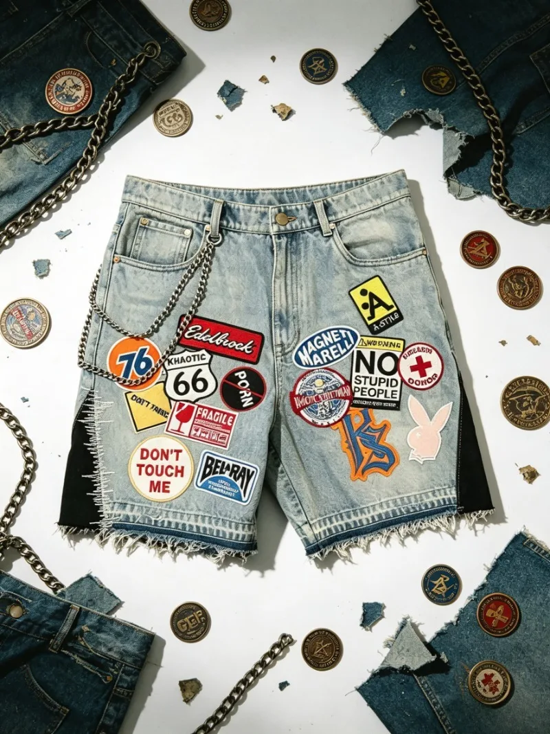 

2026 American High Street Multi-patch Embroidered Distressed Denim Shorts Fringed Deconstructed Chain Loose 5 Inch Shorts Unisex