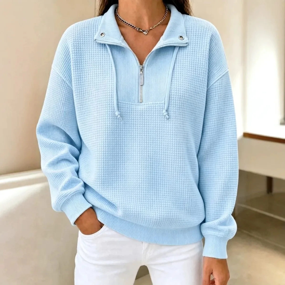 2026 Spring and Autumn Comfortable Loose Waffle-Texture Solid-Colored Stand-Collar Zip-Up Long-Sleeve Patchwork Women's Sweatshi