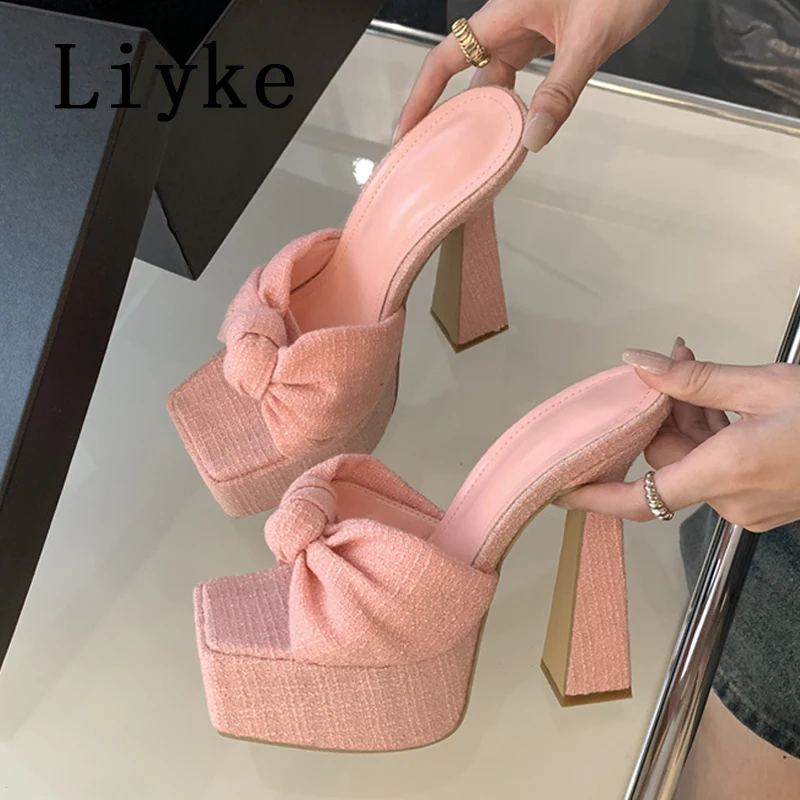 

Liyke Summer Pink Shoes Women Cozy Corduroy Narrow Band Square Toe Party Stripper Sexy Platform Slippers Super High Heels Sandal