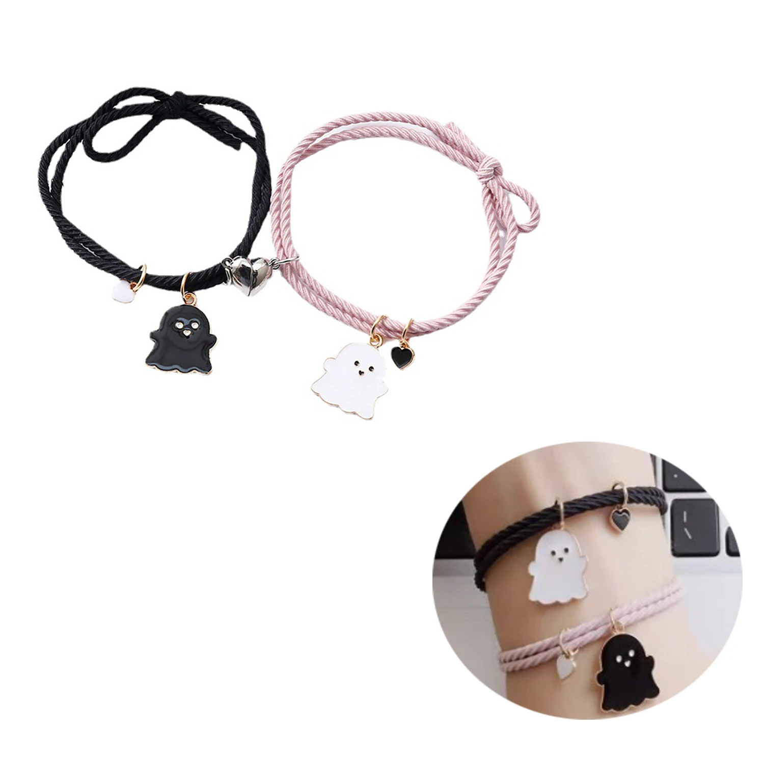 1 Pair Romantic Couple Heart Magnetic Attracting Bracelets For Girl Cute Cartoon Ghost Pendant Bracelet Friendship Gift