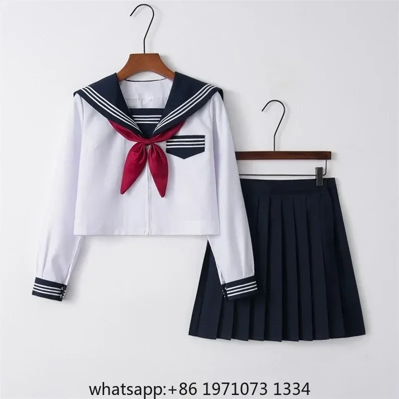 Summer Short Sleeve Sailor Suit Uniform School Style Cyan Collar Set Japanese Improved White Three Pieces Basic Model Cosplay Cl