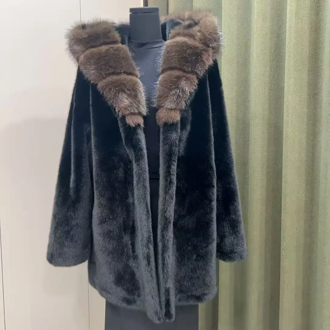 النساء فو الفراء منتصف طول معاطف جاكيتات معطف مقنع سميكة الدافئة Y2k الشارع الشهير سترة الدانتيل يصل العمل الأنيق الخريف الشتاء 2025