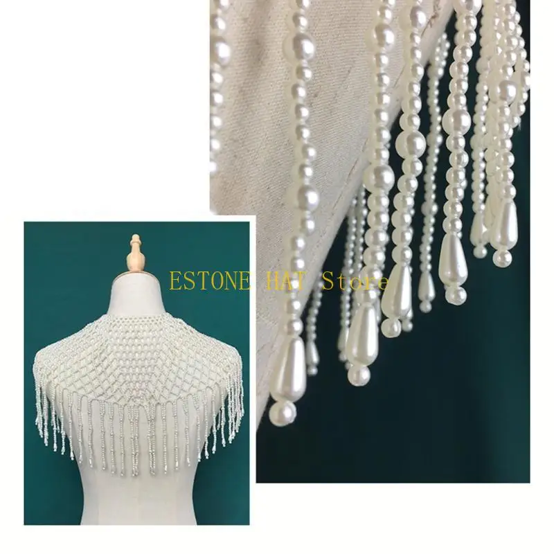 49MF Detachable Fake Collar Pearl Beaded Tassel Choker Necklace Jewelry Shawl Poncho