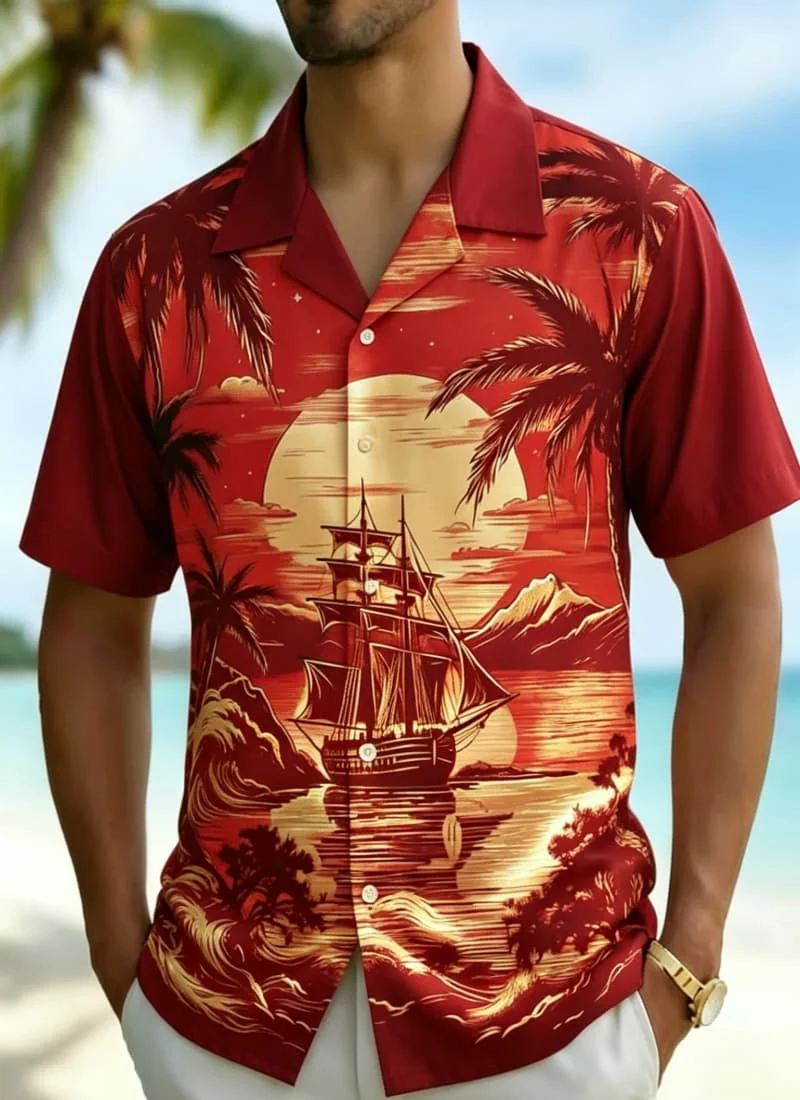 Men's Retro Sunset Coastal Print Shirt, Exotic Tropical Style for Summer Holiday, Beach Trips, Daily Outings & Casual Wear