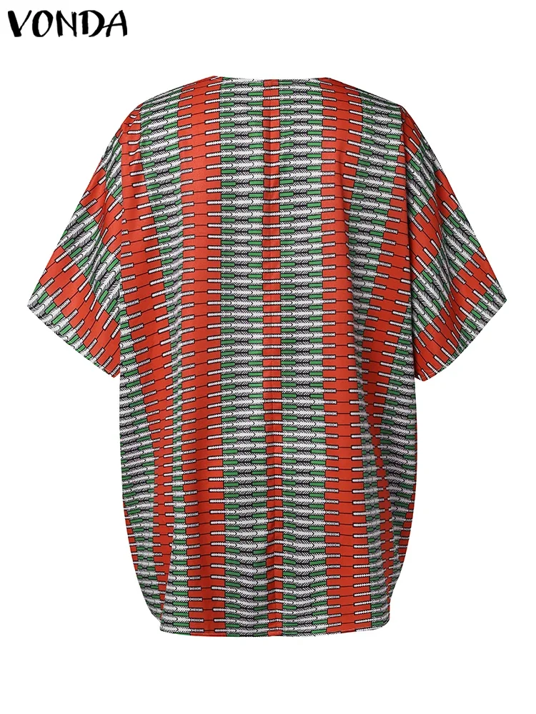 VONDA 夏の女性ブラウス 2025 半袖トップスヴィンテージプリントブラウスボヘミアン V ネック Blusas カジュアルルーズシャツ特大