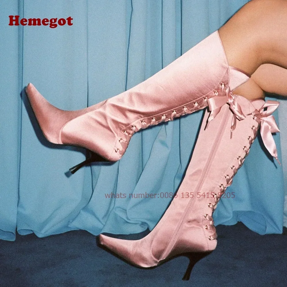 

Розовые атласные сапоги до колена с острым носком на шпильке и перекрестной завязкой Женские сапоги на шнуровке Spicy Girls Симпатичные туфли Y2K на боковой молнии