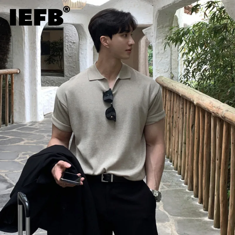 

IEFB Korean Style Men's Loose T-shirt Solid Color Turn-down Short Sleeve Male Tees Casual Knitting Clothing New Summer 2024 6239