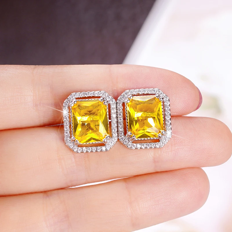 Huitan Square Yellow Cubic Zirconia Stud Earrings for Women Bright Earrings Wedding Party Temperament Elegant Female Accessories