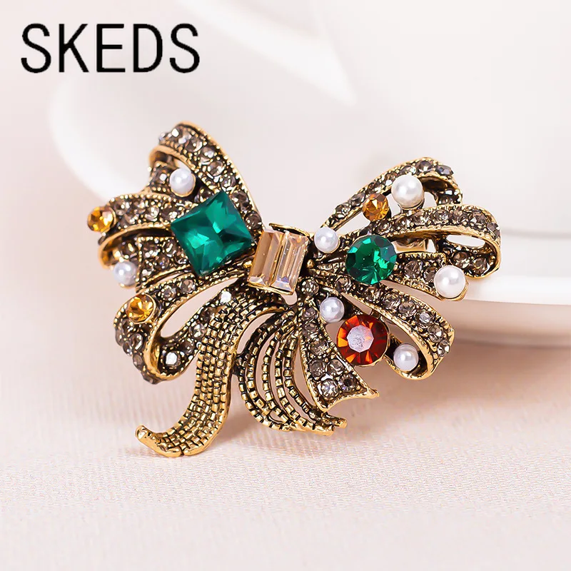 SKEDS Women Girls Vintage Classic Crystal Bow Ribbon Badges Pins Classic Luxury Design Bowknot Pins For Women's Clothing Coat