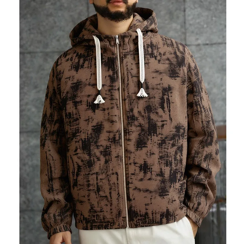 

Мужская вельветовая куртка с капюшоном и эффектом тай-дай, повседневная, свободного кроя, на молнии, ветровка, уличная одежда, верхняя одежда на каждый день