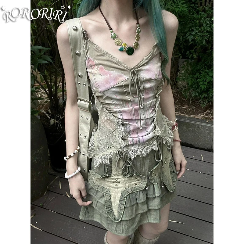 

RORORIRI Sheer Lace Patchwork Beaded Camisole Women Aesthetic Print Sleeveless Sling Vest V-neck Rib Knit Crop Top Y2k Clothes