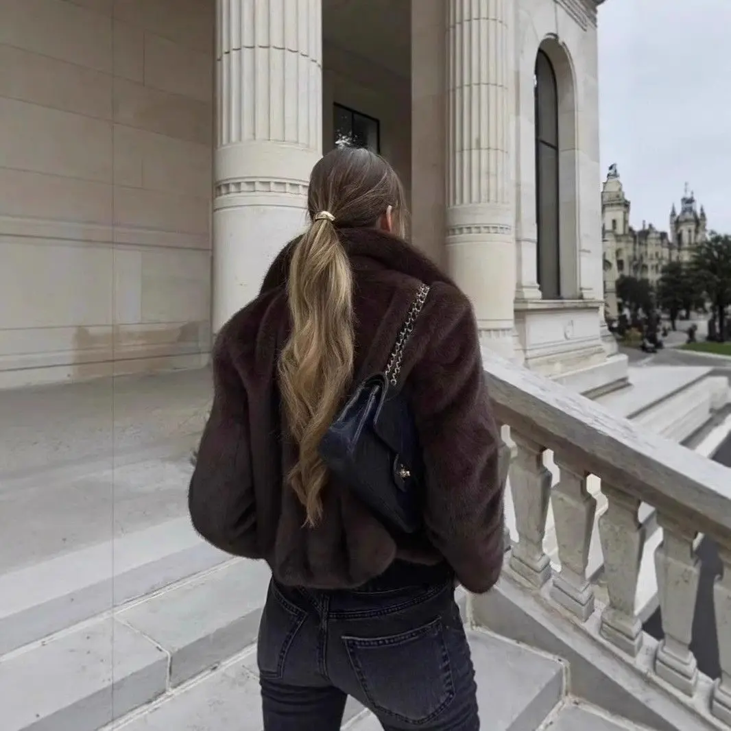 Faionable abrigo de piel marrón con cuello ortopé Jaet mujer Otoño Invierno nueva ropa de cuero Sle cuello largo ortopé abrigo levantado