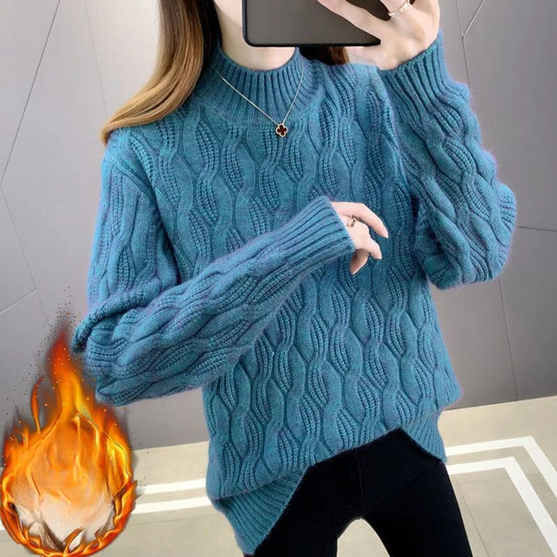 

2024 Women's Autumn Winter New Loose Semi-turtleneck Knit Tops Female Long-sleeved Sweater Tops Ladies Plus Velvet Jumpers B742