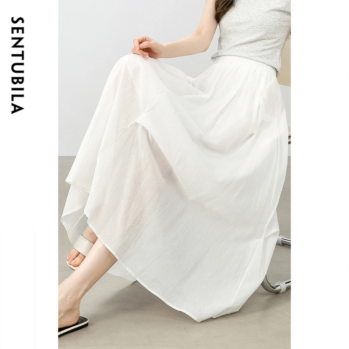 SENTUBILA Women's White Skirt 2026 Summer Elegant Casual A-Line Pleated Skirts 100% Cotton Beach Skirts Woman Clothing W52QA2345