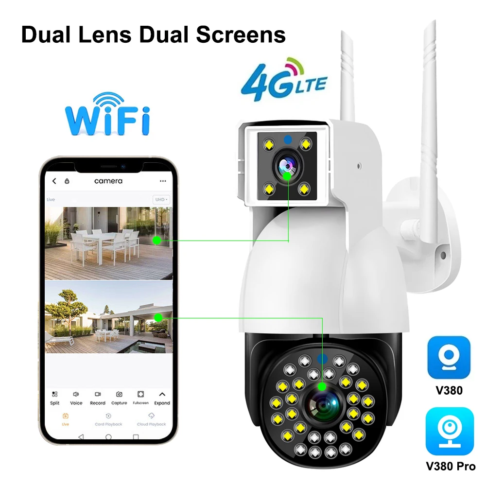 4MP Wifi Dual Lens Camera Dual Screen Outdoor 4G SIM Card PTZ Camera HD Motion Detection Color Night Vision Kamera Zewnetrzna